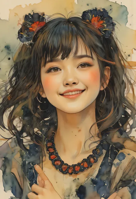 Beautiful Girl Portrait Watercolor Painting, Enthusiastic Stage Performance Theme、Smile Yan、ink stained background, apparent sketch、yuimetal 、