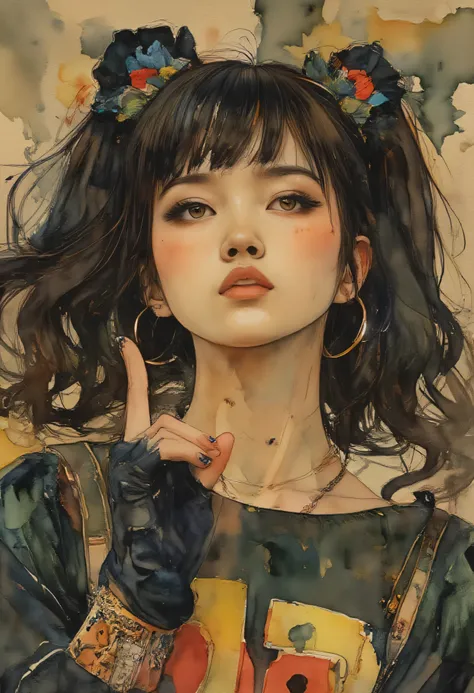 Beautiful Girl Portrait Watercolor Painting, Enthusiastic Stage Performance Theme、Pose where you raise your chin up and look down、ink stained background, apparent sketch、yuimetal 、