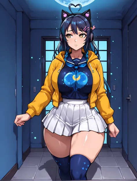 ((Incredibly detailed art, high side angle, long dark blue hair:1.12)), ((1woman, alone, solo, skinny thighs):1.12), ((walking around the room, glancing to the side curiously, Long blue hair with unruly ends, light blue light in the headphones, bright whit...