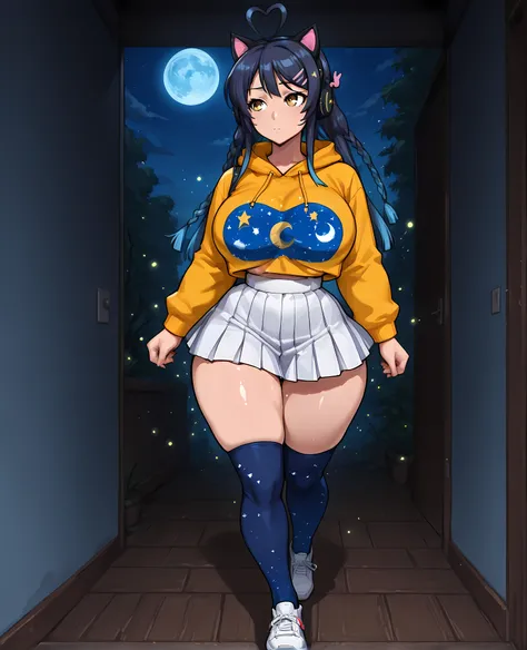 ((Incredibly detailed art, high rear angle, full body, long dark blue hair:1.12)), ((1woman, alone, solo, skinny thighs):1.12), ((walking around the room, glancing to the side curiously, Long blue hair with unruly ends, light blue light in the headphones, ...