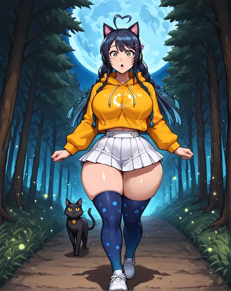 ((Incredibly detailed art, high rear angle, full body, long dark blue hair:1.12)), ((1woman, alone, solo, skinny thighs):1.12), ((walking around the forest, looking surprised at the observer, Long blue hair with unruly ends, light blue light in the headpho...