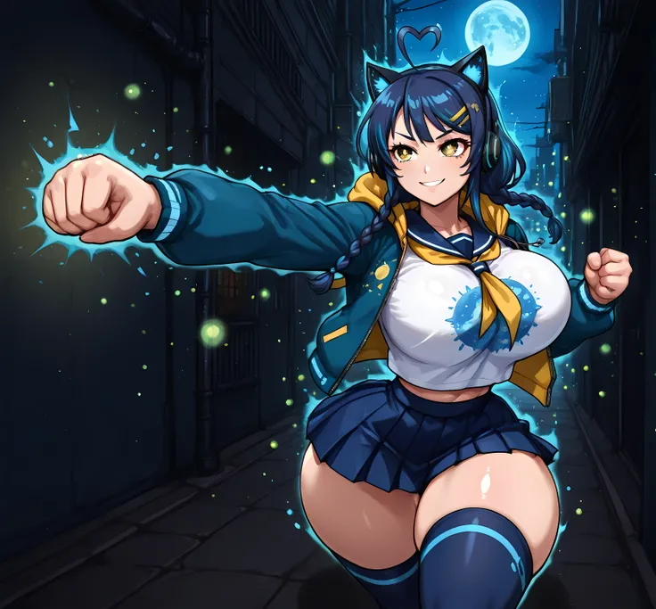 ((Incredibly detailed art, high rear angle, long dark blue hair:1.12)), ((1woman, alone, solo, skinny thighs):1.12), ((Running to attack, Attack with a blue aura punch, shounen anime style action, punching the observer, dark alley of a technological city, ...