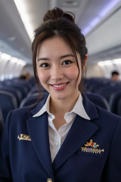 (Highest Quality、greatest masterpiece、8k、best image quality、winning works)、(beautiful 40 year old mature woman:1.1)、 Perfect and beautiful composition 、(navy cabin attendant uniform:1.2)、cleavage、big boobs、(Short tied chignon showing forehead :1.2)、(B...