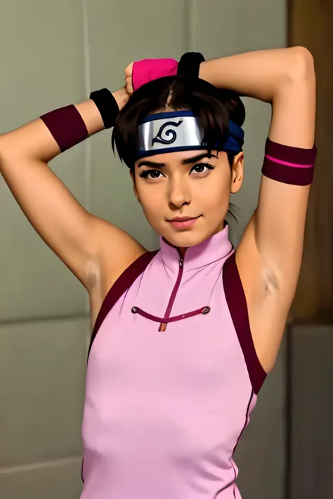 Tenten,human woman with fair skin and slight tan.with brown eyes and pink clothing. Her hair is long and brown in color; She is beautiful. Fair skin.Tsundere face. Pink eye shading,mature appearance,armpits,sweat,sweaty,sweaty armpits,arms up,showing armpi...