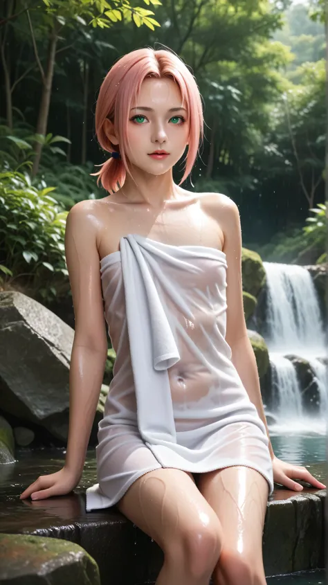 1girl, solo,haruno sakura,emerald eyes,pink hair,short hair,outdoors,potrait,low ponytail,(wear towel:1.4),waterfall background,forest, sitting uder waterfall,flat chest,small breast,(wet body:1.5),close up Masterpiece, best quality, 8k, ultra high resolut...