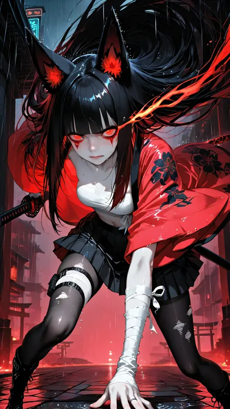 masterpiece, 8k, best quality, ultra-detailed illustration, dramatic lighting, cinematic atmosphere, rain,
1girl, solo, Akakitsune, fox_ears, burning red_eyes, (highly detailed eyes:1.3), an expression mixed with anguish and determination, face focus,
glos...