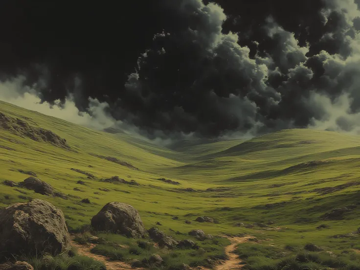 Beautiful empty field.  green grass , Black storm clouds. ash in the air. warm tones. beautiful landscape, fascinating. 