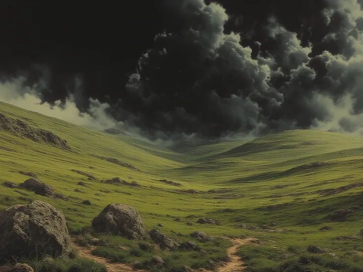 Beautiful empty field.  green grass , Black storm clouds. ash in the air. warm tones. beautiful landscape, fascinating. 