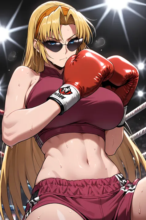 ,high calidad, Perfect Anatomy, masterpiece,aesthetic,Ultra HD, 100 fps ,<lora:Eda_SDXL_IL_V1:1>,e1d22,1girl,solo,blonde hair,long hair,straight hair,orange hairband,blue eyes,sunglasses,boxing gloves,large breasts,pink crop top, midriff, navel, sweating