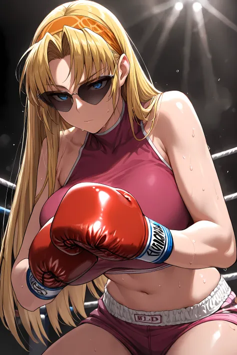 ,high calidad, Perfect Anatomy, masterpiece,aesthetic,Ultra HD, 100 fps ,<lora:Eda_SDXL_IL_V1:1>,e1d22,1girl,solo,blonde hair,long hair,straight hair,orange hairband,blue eyes,sunglasses,boxing gloves,large breasts,pink crop top, midriff, navel, sweating