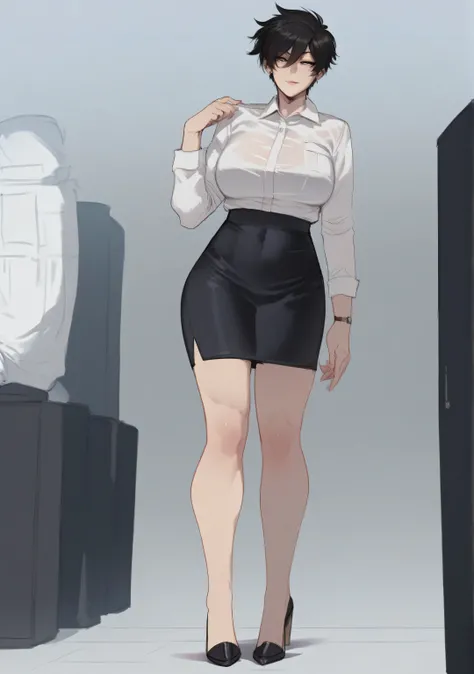 1female, tomboy , mature woman , tall woman , black hair , white shirt , black skirt , heels , long legs , standing straight , solo , no other characters , office background
