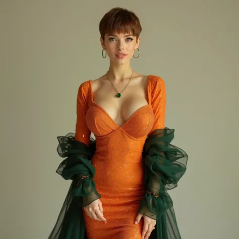 A realistic, high resolution photograph of a short, beautiful Caucasian woman in her 20's; full body frontal view facing the camera with her arms at her side, looking at the camera. There is extra space in the photo above her head. She has a short, hourgla...