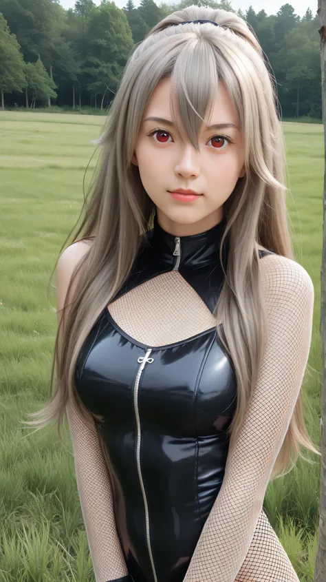 Masterpiece, best quality, 8k, ultra high resolution, photorealistic, cinematic composition,1girl, solo,eydish,red eyes,gray hair,(long hair:1.4),outdoors,potrait,medium breast,forest,front view,standing on grass field,grass field background,looking at vie...