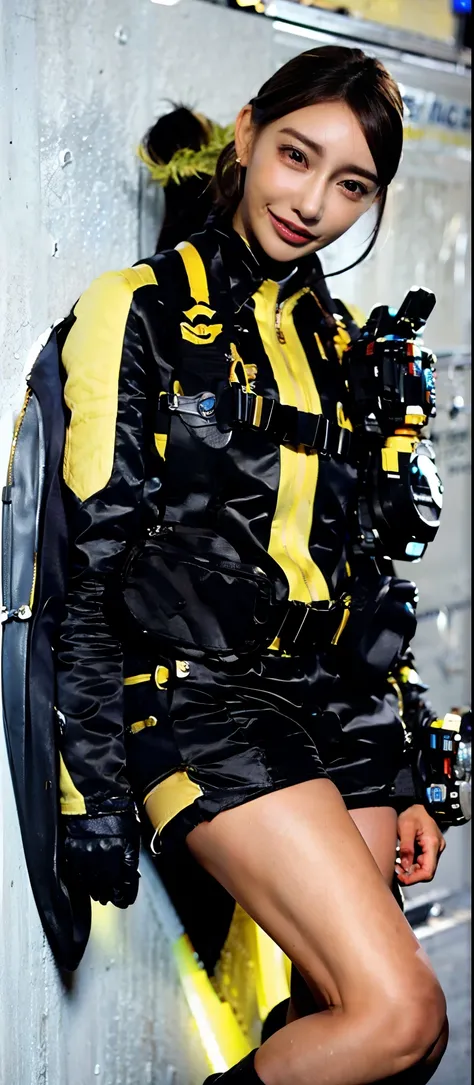 (   Very realistic ), ( Highest Quality), ((round,              SMALL AND PRECISE FACE             )),short shorts,Black Gloves,黒 shorts, boots,jacket,shorts, dark hair ,big breasts,Adult Female , The clothes are perfect for that figure ,beautiful skin ,My...