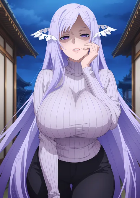 anime screencap, masterpiece, best quality, quinella, 1girl, Mature Female, Milf, Motherly, long hair, light purple hair, purple eyes, yandere trance, ractical body shape, glamorous bodies, attractive bodies, large Curvy, Slutty, Neat, big breast, thick th...