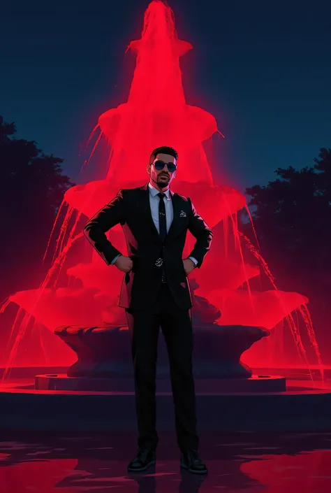 Subject: The focal point is a man, likely inspired by The Weeknd, dressed in a sharp black suit, white shirt, and black tie (Prada detail visible). He's wearing futuristic sunglasses.
Environment: He is standing in front of a large, ornate fountain. The fo...