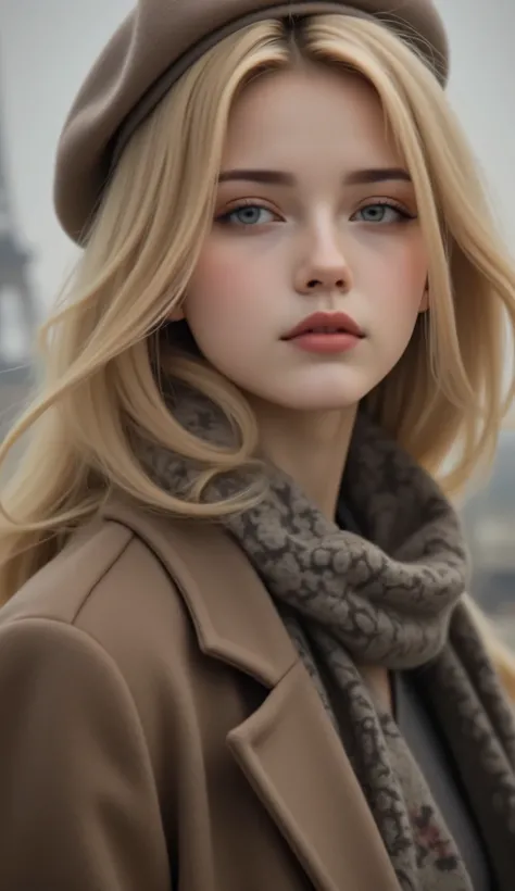 realistic,photorealism,a blond haired woman in an oversized wool coat with a structured Parisian beret, designed in an elegant mid-century French cinema aesthetic, captured with a foggy backdrop and soft cinematic depth, featuring a dreamy and atmospheric ...