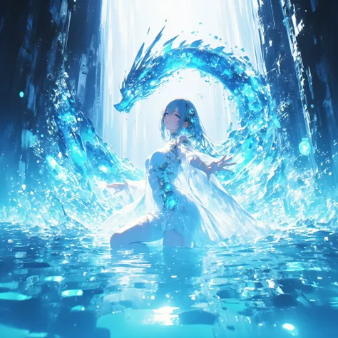 cowboy shot、A crystal cave hidden behind a majestic waterfall, wrapped in soft pale white light from above、A shining wall. beautiful with pale blue skin and long hair A young woman, and her finely woven pale blue hair dances gracefully with a transparent f...