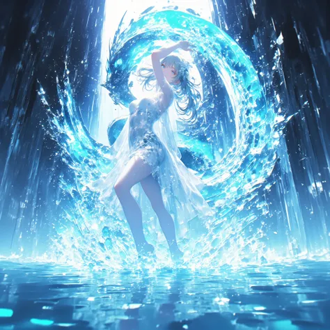 cowboy shot、A crystal cave hidden behind a majestic waterfall, wrapped in soft pale white light from above、A shining wall. beautiful with pale blue skin and long hair A young woman, and her finely woven pale blue hair dances gracefully with a transparent f...