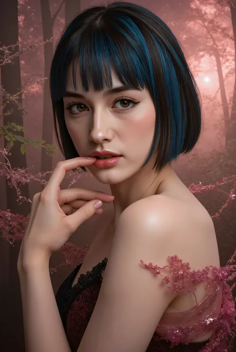 masterpiece,Highest Quality,very detailed,,1girl, She's Biting Her finger, Seraphina_tailor,short cian hair,Sharp Cheekbones ,Tan skin ,big boobs,detailed facial features,realistic skin texture,Classy expression ,Confident Postures,mystical background,Fant...