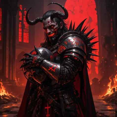 “Dark demonic templar knight emerging from deep shadows, ultra-detailed gothic armor fused with infernal symbols, glowing red runes engraved in steel, cracked worn helmet under his arm revealing a battle-scarred face, war-torn skin, deep cuts healed over t...