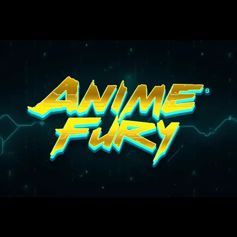 Cyberpunk typeface golden text "Amine Fury" with cyan afterglow, A dark night sky in the background