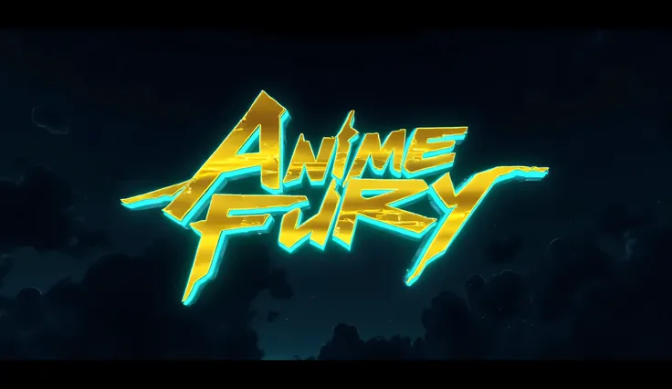 Cyberpunk typeface golden text "Amine Fury" with cyan afterglow, A dark night sky in the background