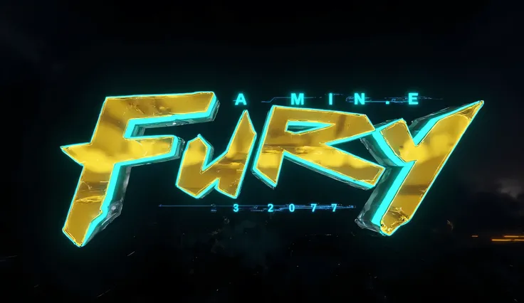 Cyberpunk typeface golden text "A M I N E FURY" with cyan afterglow, A dark night sky in the background