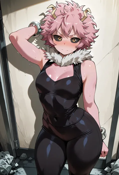 score_9, score_8_up, score_7_up, score_6_up, score_5_up, score_4_up, masterpiece, high quality, BREAK, 1girl, sfw, looking at viewer, nose blush, shiny legs, shiny body, shiny hair, clear skin, clear body, sweat, sweaty, sweaty:1.3, thick thigh, thick thig...