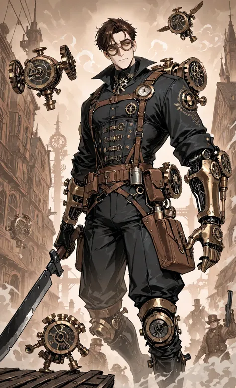 (detailed eyes:1.2), (sharp eyes:1.1),masterpiece, best quality, ultra-detailed:1.3, steampunk fantasy, 1male, Yatagan Engineer, brass and copper mechanical limbs, steam-powered machete with gear mechanisms, parchment blueprints floating in air, analytical...