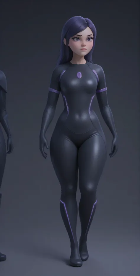 (the best quality: 1.4), (pretty face), Pair purple. Long dark purple hair with highlights, (purple eyes: 1.2) short height,  light smile. simple background. clear light. She wears a black latex bodysuit inspired by Tron Legacy, with bright purple neon lin...