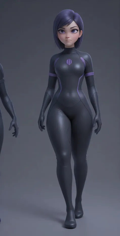 (the best quality: 1.4), (pretty face), Pair purple. Long dark purple hair with highlights, (purple eyes: 1.2) short height,  light smile. simple background. clear light. She wears a black latex bodysuit inspired by Tron Legacy, with bright purple neon lin...