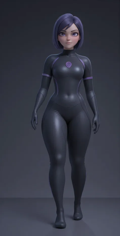 (the best quality: 1.4), (pretty face), Pair purple. Long dark purple hair with highlights, (purple eyes: 1.2) short height,  light smile. simple background. clear light. She wears a black latex bodysuit inspired by Tron Legacy, with bright purple neon lin...