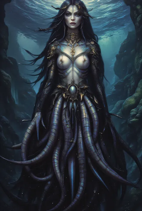 A hauntingly beautiful woman-squid hybrid priestess of Dagon emerging from dark churning waters, upper body of an ethereal pale woman with iridescent scales subtly blending into her skin, lower body transforming into elegant tentacles with bioluminescent s...