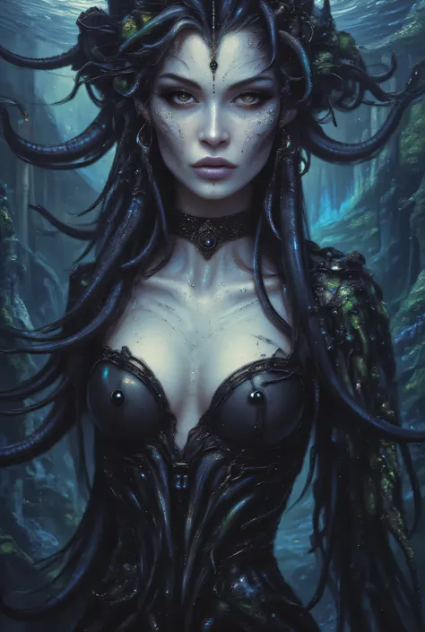 Close-up portrait of a mesmerizing Dagon hybrid priestess with alabaster skin transitioning to opalescent squid-like features. Her face maintains haunting human beauty while incorporating subtle gill-like structures along her neck and jawline. Multiple pup...