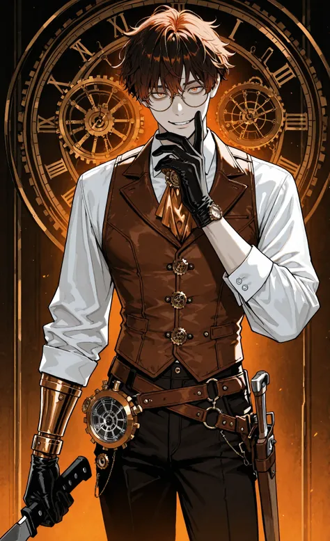 masterpiece, best quality, ultra-detailed:1.3, steampunk aesthetic, semi-realistic anime style, 1male, solo, light skin, positioned center-right, black backdrop with large cogwheel design, wearing white dress shirt, brown leather vest with intricate clockw...