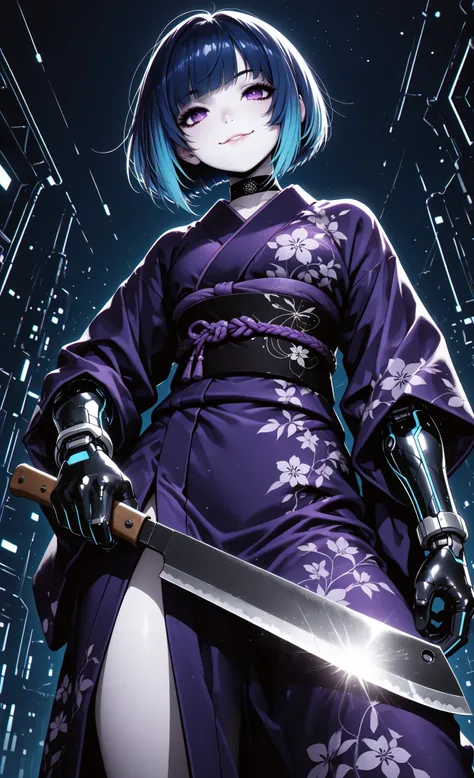 masterpiece, best quality, ultra-detailed:1.3, anime style, 1girl, pale skin, bob haircut with blue hair and turquoise highlights, purple eyes, wearing purple kimono with black obi, (cybernetic arms:1.3), holding machete in dynamic combat pose, cunning exp...
