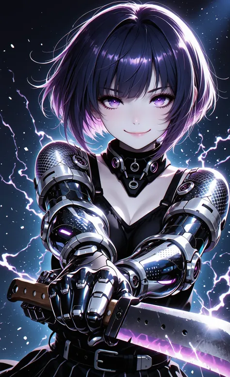 masterpiece, best quality, ultra-detailed:1.3, anime style, 1girl, short bob haircut (shorter in back, longer in front), pale skin, purple eyes, wearing elaborate dark-blue and black outfit with silver patterns, (cybernetic arms:1.3), pointing machete at v...