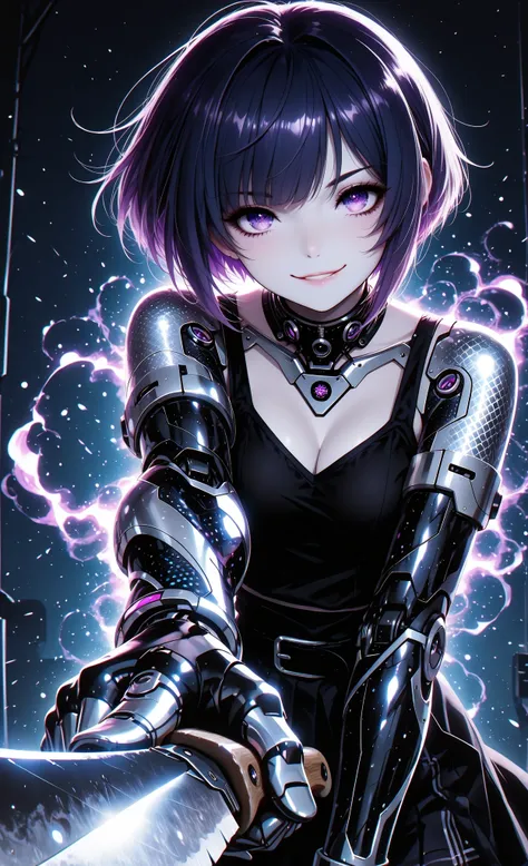 masterpiece, best quality, ultra-detailed:1.3, anime style, 1girl, short bob haircut (shorter in back, longer in front), pale skin, purple eyes, wearing elaborate dark-blue and black outfit with silver patterns, (cybernetic arms:1.3), pointing machete at v...