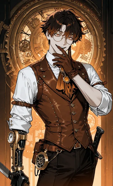 masterpiece, best quality, ultra-detailed:1.3, steampunk aesthetic, semi-realistic anime style, 1male, solo, light skin, positioned center-right, black backdrop with large cogwheel design, wearing white dress shirt, brown leather vest with intricate clockw...