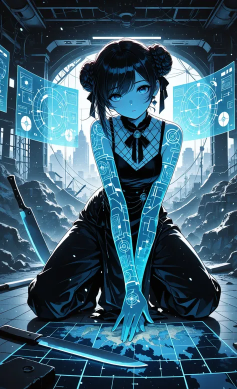 masterpiece, best quality, very aesthetic, absurdres, 1woman, elegant bun hairstyle, kneeling pose, one hand touching ground scanning, machete projecting terrain map, multiple holographic displays, calculated gaze, urban battlefield, strategic atmosphere