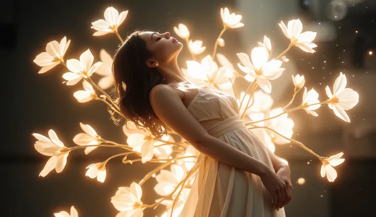 surreal cinematic portrait of a woman in a sculptural pose, your body gracefully leaning back as if frozen in time, She wears a flowing dress, branco, her soft skin illuminated by diffused and dark light, } luminous flowers bloom from your back emitting a ...