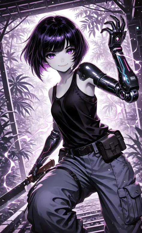masterpiece, best quality, ultra-detailed:1.3, anime style, 1girl, short bob haircut (shorter in back, longer in front), pale skin, purple eyes, (cybernetic arms:1.3), wearing khaki cargo pants, tank top, pith helmet mixed with elaborate dark-blue and blac...
