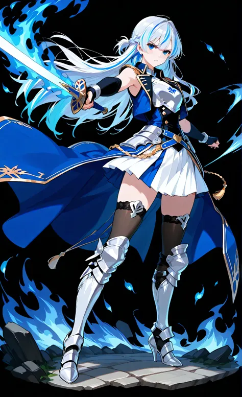 black background, 1girl, solo, masterpiece, female knight theme, beautiful woman with long silver hair, blue-streaked white hair, blue eyes and silky hair, long hair down, half up half down braid, white chest plate, wearing blue knightly attire, long blue ...