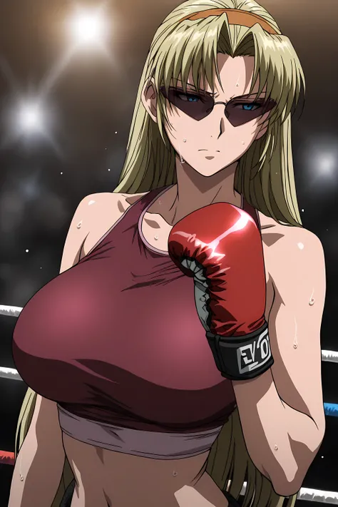 ,high calidad, Perfect Anatomy, masterpiece,aesthetic,Ultra HD, 100 fps ,<lora:Eda_SDXL_IL_V1:1>,e1d22,1girl,solo,blonde hair,long hair,straight hair,orange hairband,blue eyes,sunglasses,boxing gloves,large breasts,pink crop top, midriff, navel, sweating