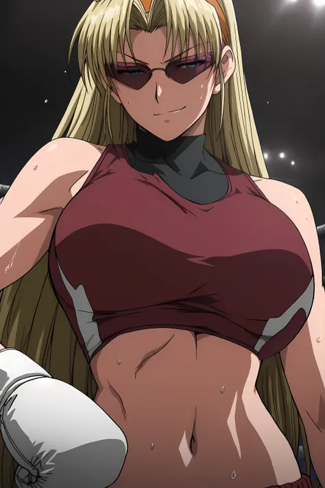 ,high calidad, Perfect Anatomy, masterpiece,aesthetic,Ultra HD, 100 fps ,<lora:Eda_SDXL_IL_V1:1>,e1d22,1girl,solo,blonde hair,long hair,straight hair,orange hairband,blue eyes, light smirk, sunglasses,boxing gloves,large breasts,pink crop top, midriff, nav...
