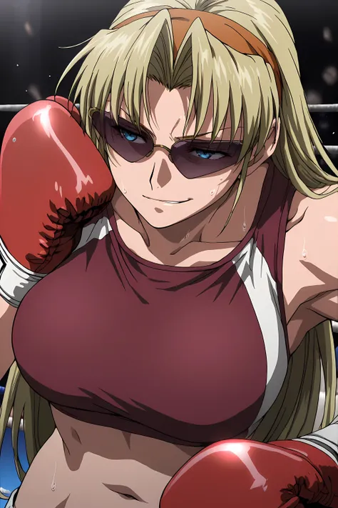 ,high calidad, Perfect Anatomy, masterpiece,aesthetic,Ultra HD, 100 fps ,<lora:Eda_SDXL_IL_V1:1>,e1d22,1girl,solo,blonde hair,long hair,straight hair,orange hairband,blue eyes, light smirk, sunglasses,boxing gloves,large breasts,pink crop top, midriff, nav...