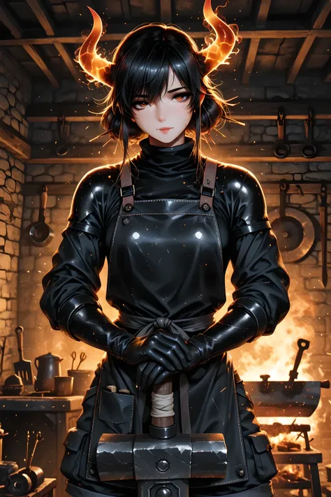  RAW Photo, ultra-detailed, photographic quality, woman with seductive shapes, body covered in black bodysuit, work shorts , blacksmith's protective apron, powerful hands hold a heavy hammer above the anvil, forging a curved scimitar, metal sparks fly in a...