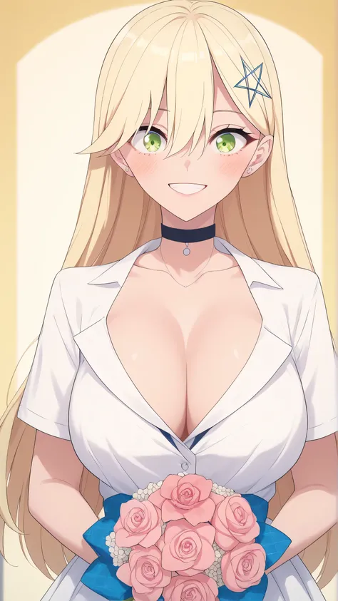 masterpiece, best quality, amazing quality, very aesthetic, only 1girl, Aria Kisaki \(2.5 Dimensional Seduction\), blonde hair, hair ornament, green eyes, gyaru, choker,,,,looking at viewer, solo, large breasts, beautiful, perfect body,beautiful wedding dr...