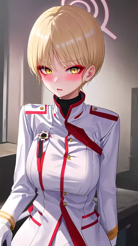 solo、{marina_bluearchive:1.15} 、very short hair in my arms、blonde、Yellow Eyes、bungs、Blush、chest、Large breasts、girl 1、jacket、Military、Militaryuniform、uniform、long sleeve、white gloves、ホワイトjacket、watch viewers、makeup、upper body、eyeshadow